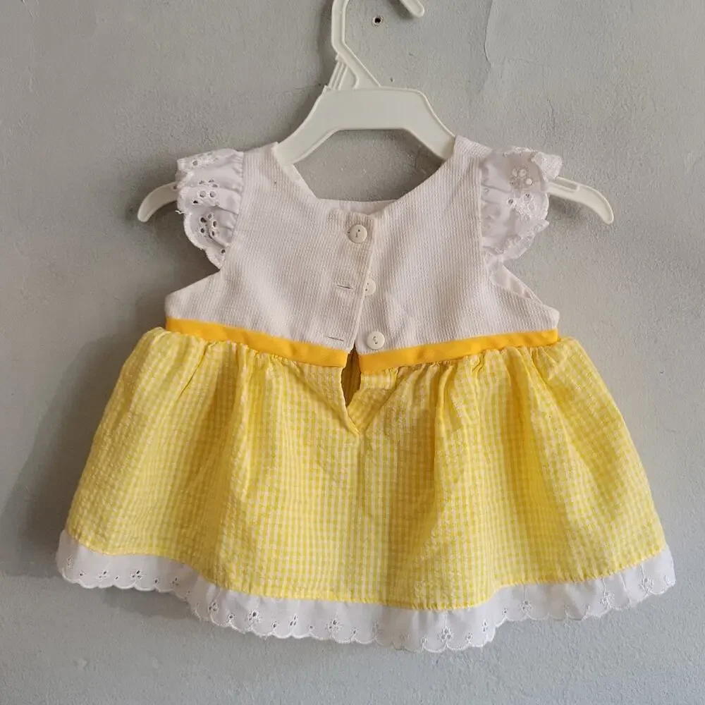 Vintage 1980s baby girl's 3-6 months Little Bitty dress yellow gingham w/flowers